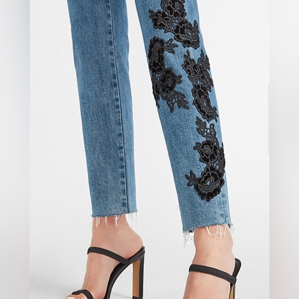Express Super High Waisted Black Lace Raw Hem Slim Jeans